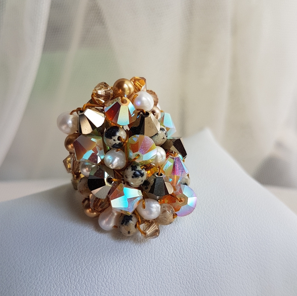 Swarovski Elements Large Dark Brown & Dalmatian Beads Cluster Statement Ring NWT - Picture 12 of 13
